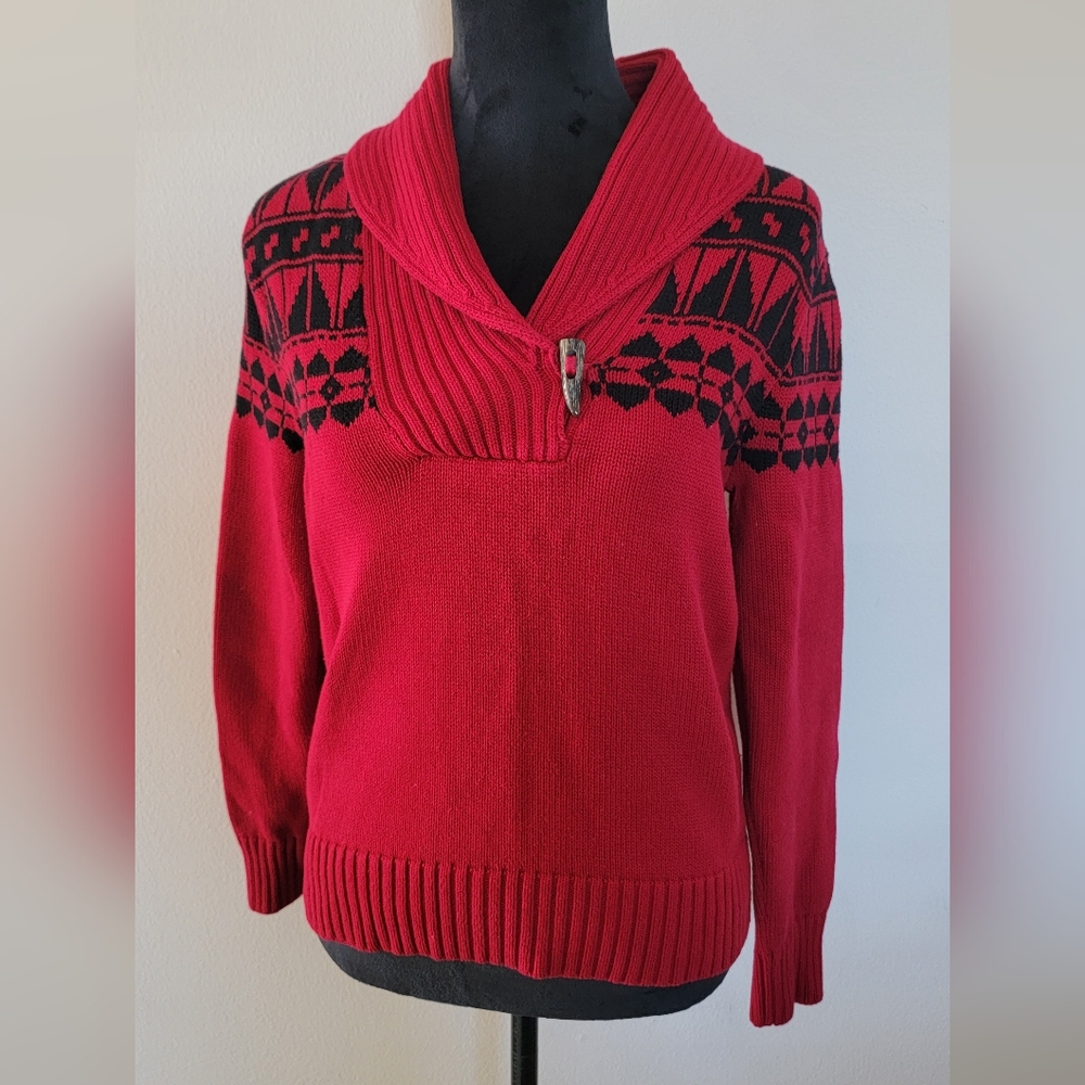 Lauren by Ralph Lauren Red/Black Knit Sweater Shawl Collar with Toggle Size M